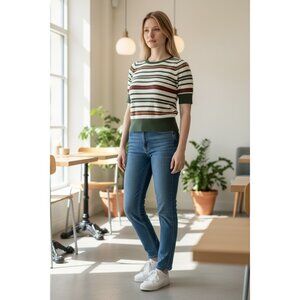 Liz Claiborne Womens Striped Short Sleeve Knit Sweater Medium Green White Orange